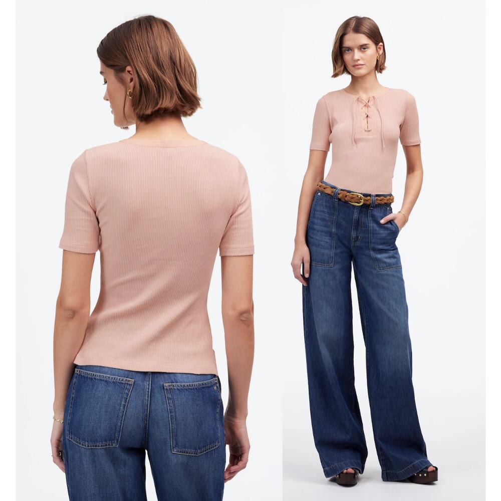 Madewell | NWT Ribbed Lace-Up Short-Sleeve Tee in Pale Blush | XS